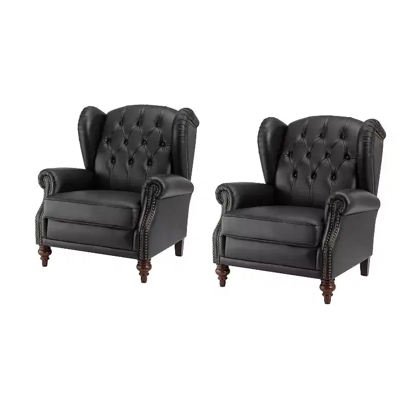 Set of 2 Amanda 33 Wide Genuine Leather Wingback Armchair with Solid Tapered Wood Legs and Nailhead Trim| ART OF LIVING DESIGNS