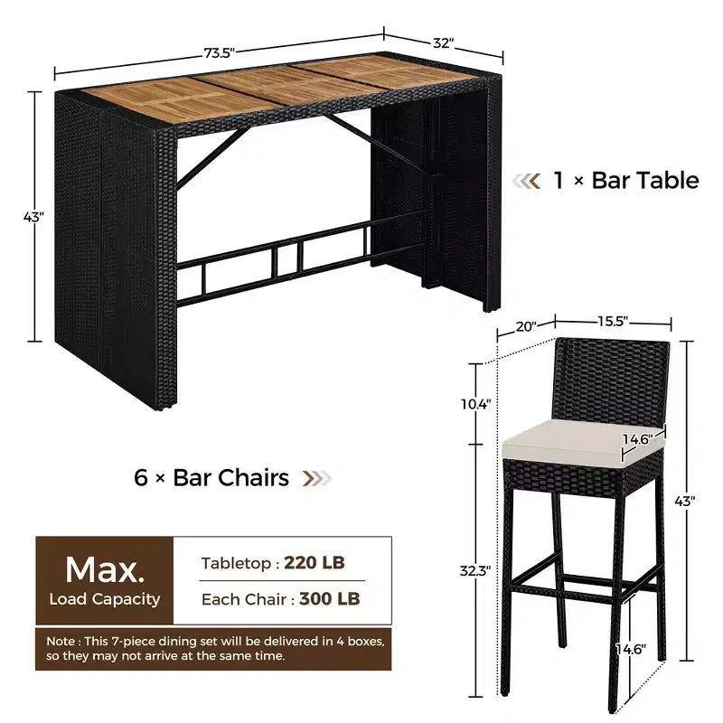 Yaheetech Ensemble de Bar d'extérieur 7 Pièces Table et Chaises de Bar Noir/Beige Noir