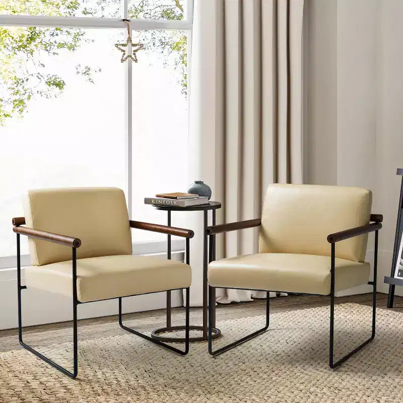 Set of 2 Elisa Ergonomic Modern Accent Armchair with Metal Base and Special Solid Wood Arm| ART OF LIVING DESIGNS