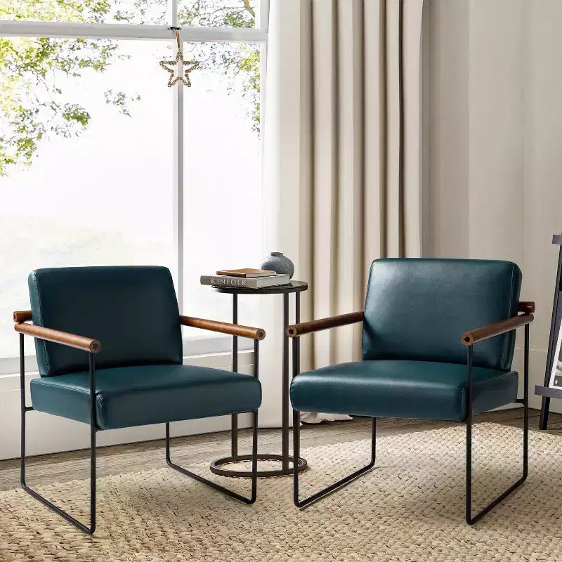Set of 2 Elisa Ergonomic Modern Accent Armchair with Metal Base and Special Solid Wood Arm| ART OF LIVING DESIGNS