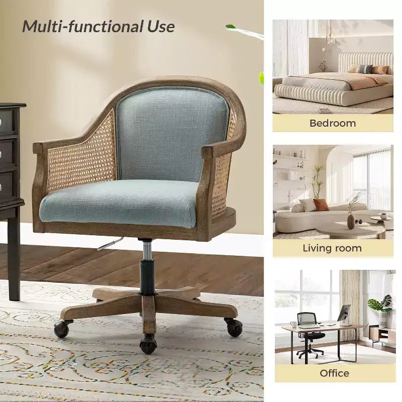 Danilo Swivel Barrel Task Chair with Rattan Arms and natural linen blend & foam cushion| ARTFUL LIVING DESIGN