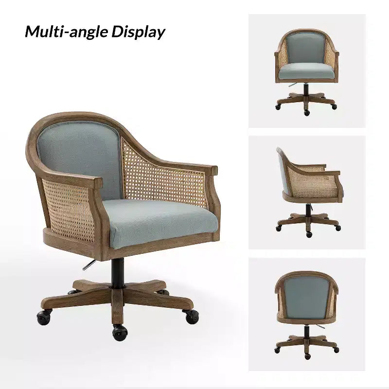 Danilo Swivel Barrel Task Chair with Rattan Arms and natural linen blend & foam cushion| ARTFUL LIVING DESIGN