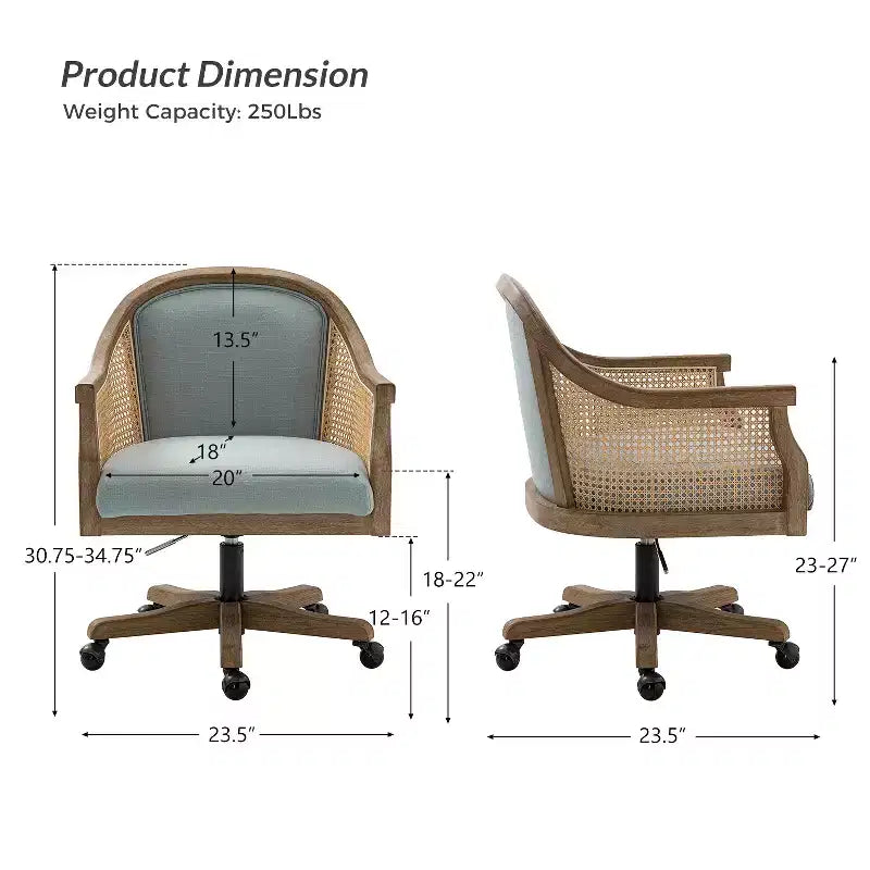 Danilo Swivel Barrel Task Chair with Rattan Arms and natural linen blend & foam cushion| ARTFUL LIVING DESIGN