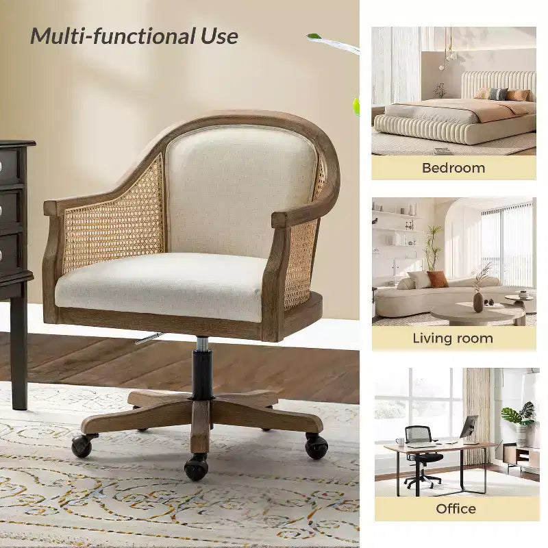 Danilo Swivel Barrel Task Chair with Rattan Arms and natural linen blend & foam cushion| ARTFUL LIVING DESIGN