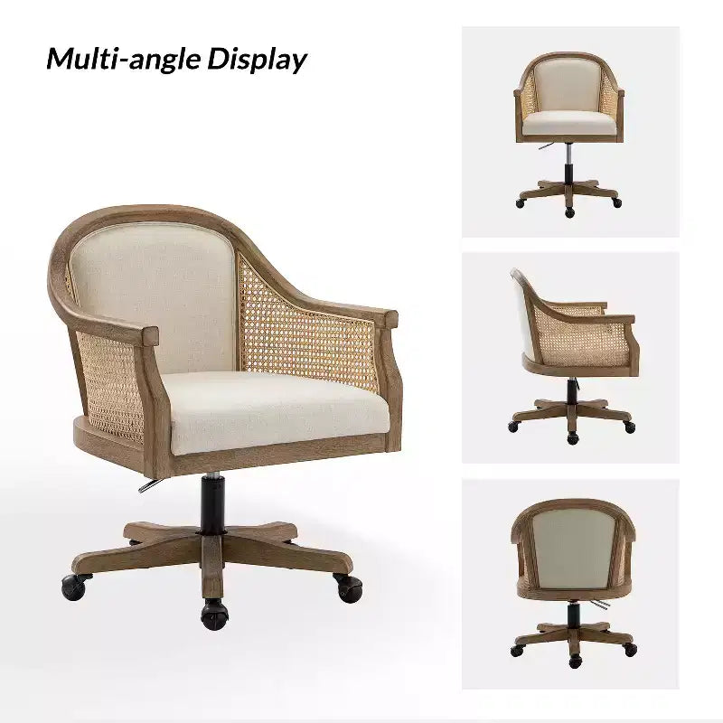 Danilo Swivel Barrel Task Chair with Rattan Arms and natural linen blend & foam cushion| ARTFUL LIVING DESIGN