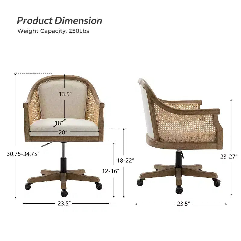 Danilo Swivel Barrel Task Chair with Rattan Arms and natural linen blend & foam cushion| ARTFUL LIVING DESIGN