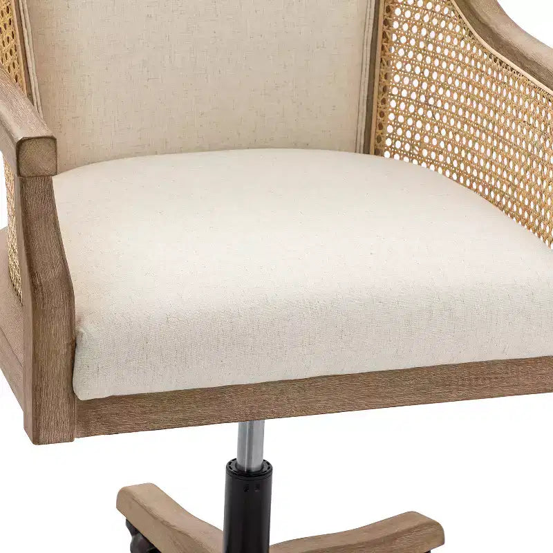 Danilo Swivel Barrel Task Chair with Rattan Arms and natural linen blend & foam cushion| ARTFUL LIVING DESIGN