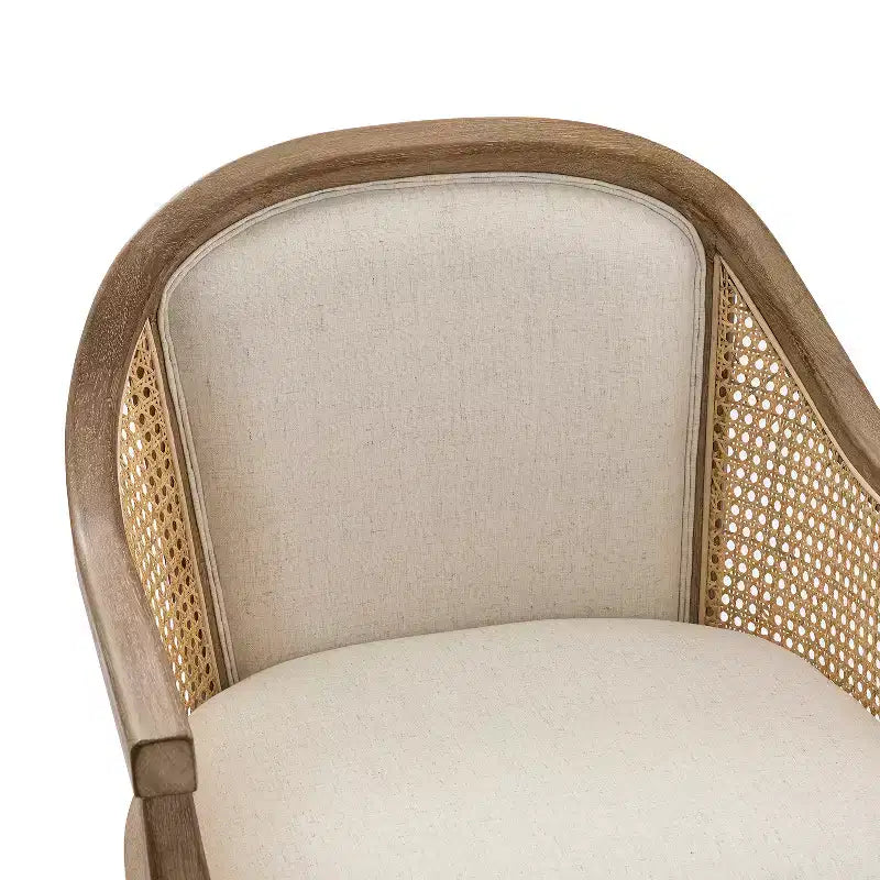 Danilo Swivel Barrel Task Chair with Rattan Arms and natural linen blend & foam cushion| ARTFUL LIVING DESIGN