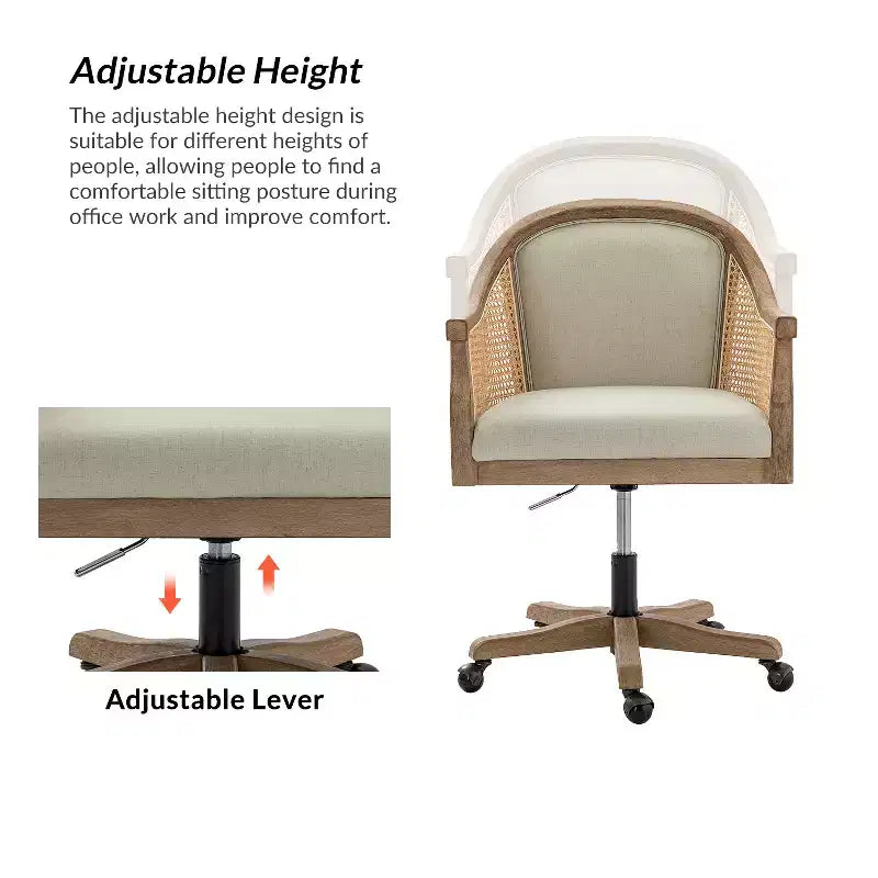 Danilo Swivel Barrel Task Chair with Rattan Arms and natural linen blend & foam cushion| ARTFUL LIVING DESIGN