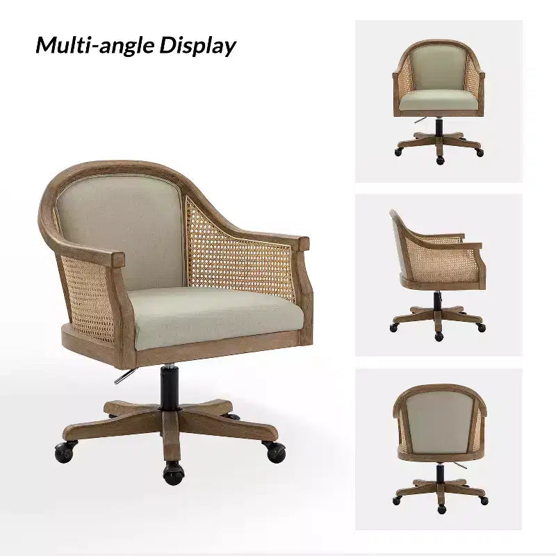 Danilo Swivel Barrel Task Chair with Rattan Arms and natural linen blend & foam cushion| ARTFUL LIVING DESIGN