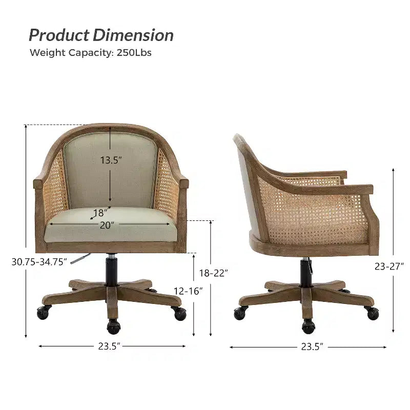 Danilo Swivel Barrel Task Chair with Rattan Arms and natural linen blend & foam cushion| ARTFUL LIVING DESIGN