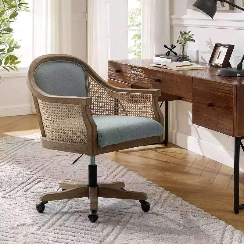 Danilo Swivel Barrel Task Chair with Rattan Arms and natural linen blend & foam cushion| ARTFUL LIVING DESIGN