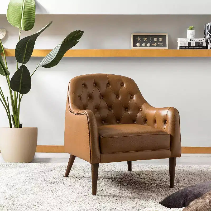 Justo 28.5 Wide Tufted Genuine Leather Wood Legs Accent Barrel Chair for Living Room with solid wood legs| ART OF LIVING DESIGNS
