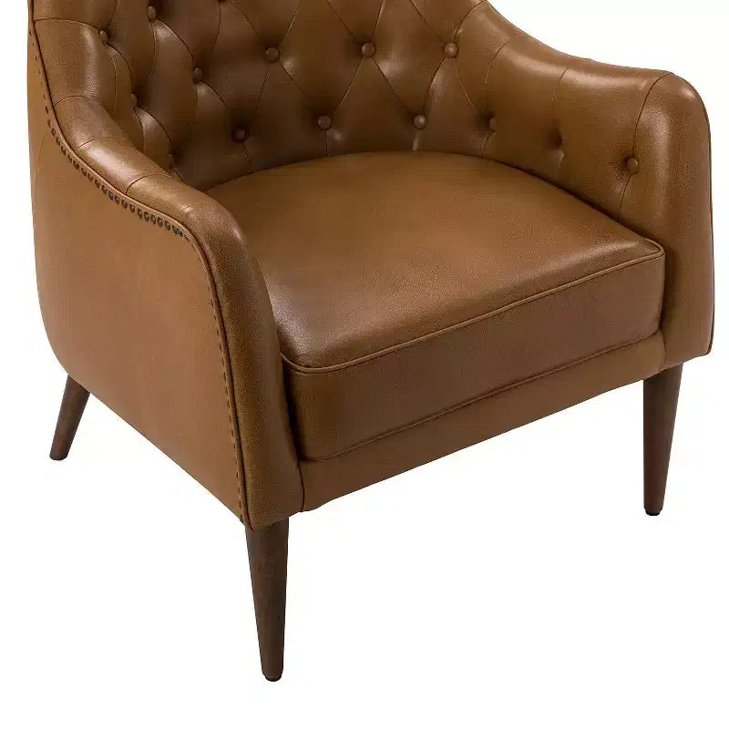Fauteuil crapaud d'appoint Justo 28,5 po de large en cuir véritable capitonné avec pieds en bois massif pour salon | ART OF LIVING DESIGNS