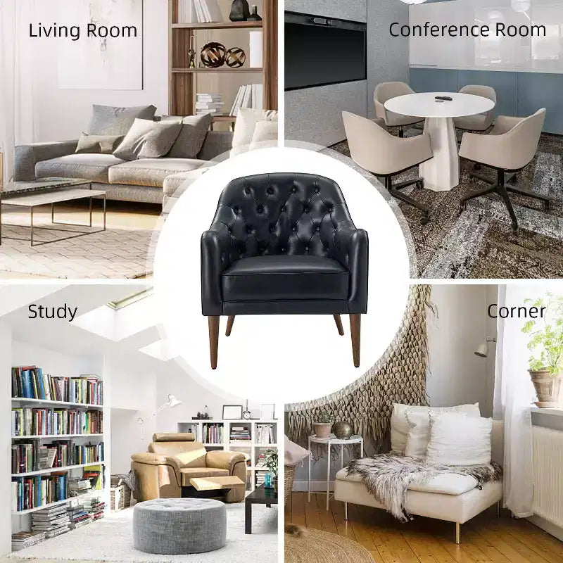 Fauteuil crapaud d'appoint Justo 28,5 po de large en cuir véritable capitonné avec pieds en bois massif pour salon | ART OF LIVING DESIGNS