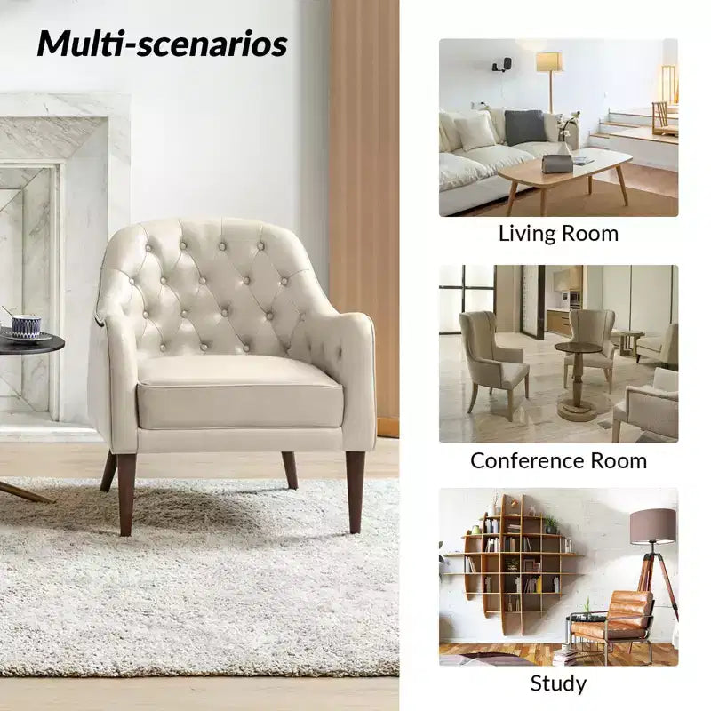 Fauteuil crapaud d'appoint Justo 28,5 po de large en cuir véritable capitonné avec pieds en bois massif pour salon | ART OF LIVING DESIGNS