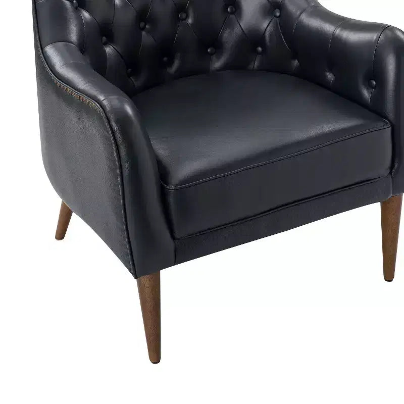 Fauteuil crapaud d'appoint Justo 28,5 po de large en cuir véritable capitonné avec pieds en bois massif pour salon | ART OF LIVING DESIGNS