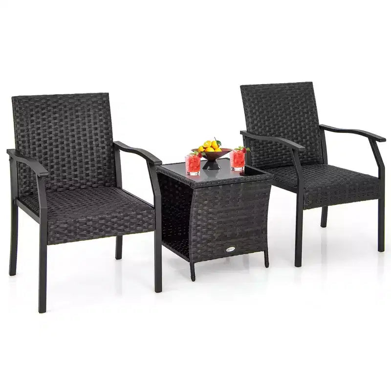 Costway Ensemble de conversation 3 pièces pour patio, chaises en osier, table en verre trempé, sièges rembourrés en mousse à séchage rapide, toutes saisons
