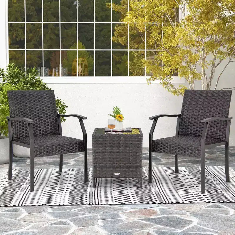 Costway Ensemble de conversation 3 pièces pour patio, chaises en osier, table en verre trempé, sièges rembourrés en mousse à séchage rapide, toutes saisons
