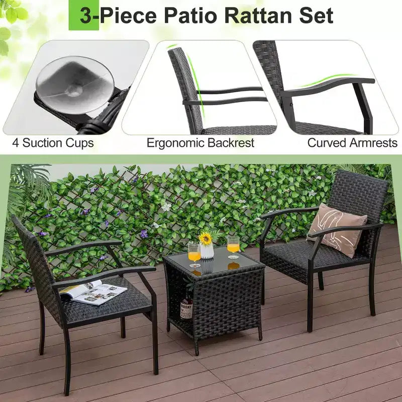 Costway Ensemble de conversation 3 pièces pour patio, chaises en osier, table en verre trempé, sièges rembourrés en mousse à séchage rapide, toutes saisons