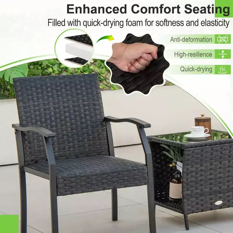 Costway Ensemble de conversation 3 pièces pour patio, chaises en osier, table en verre trempé, sièges rembourrés en mousse à séchage rapide, toutes saisons