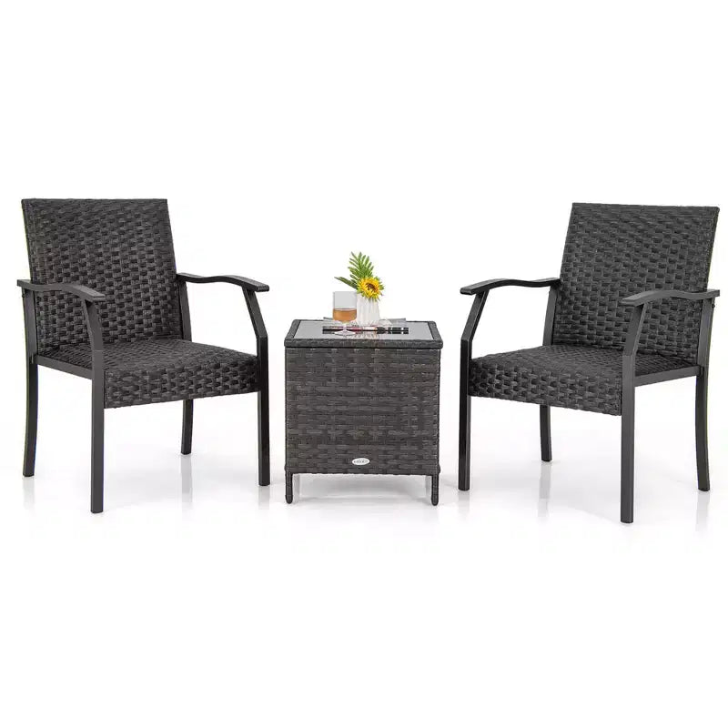 Costway Ensemble de conversation 3 pièces pour patio, chaises en osier, table en verre trempé, sièges rembourrés en mousse à séchage rapide, toutes saisons