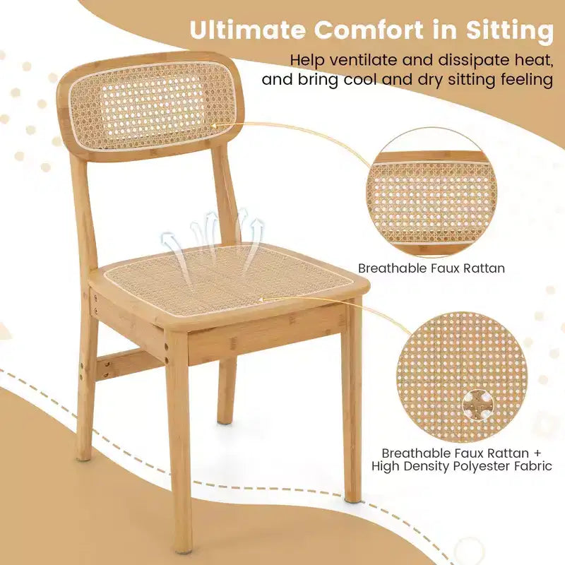 Costway Rattan Accent Chairs Set of 2 Bamboo Frame Cane Woven Backrest &Seat Dining Room