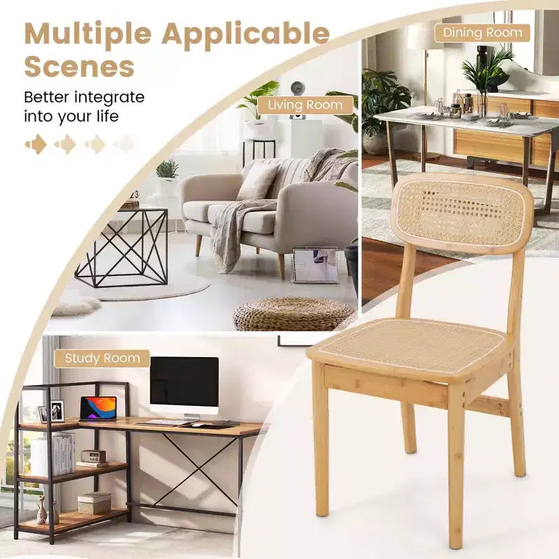 Costway Rattan Accent Chairs Set of 2 Bamboo Frame Cane Woven Backrest &Seat Dining Room