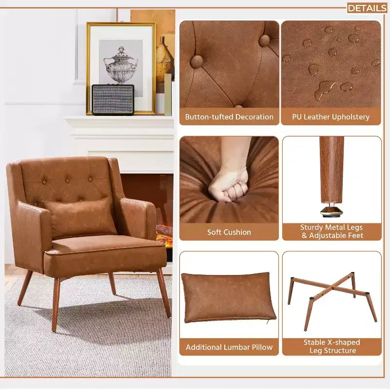 Fauteuil d'appoint Yaheetech en similicuir pour salon, chambre, bureau, marron rétro