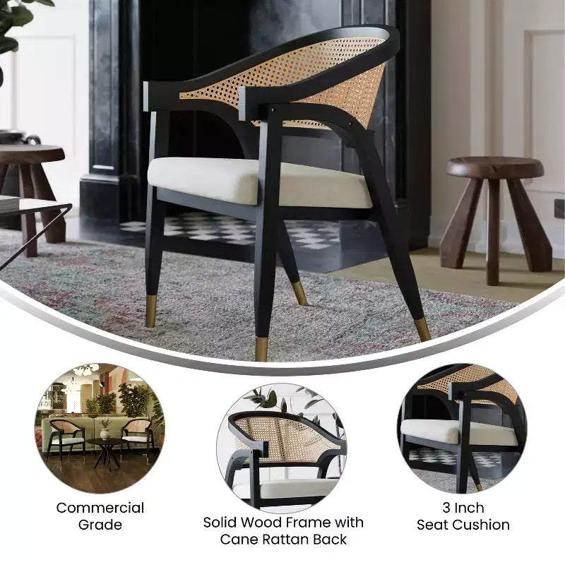 Chaise de salle à manger ou d'appoint Emma et Oliver Cane Rattan avec structure en bois massif, dossier tissé et assise coussinée