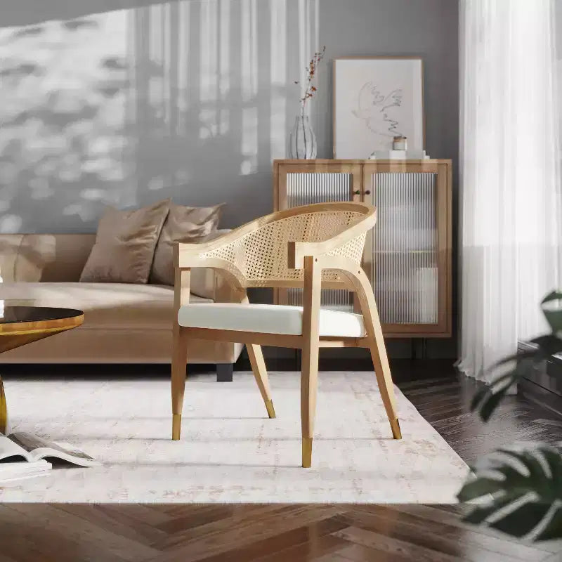 Chaise de salle à manger ou d'appoint Emma et Oliver Cane Rattan avec structure en bois massif, dossier tissé et assise coussinée