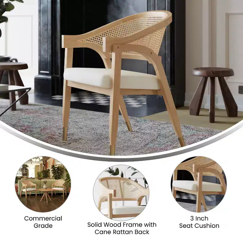 Chaise de salle à manger ou d'appoint Emma et Oliver Cane Rattan avec structure en bois massif, dossier tissé et assise coussinée