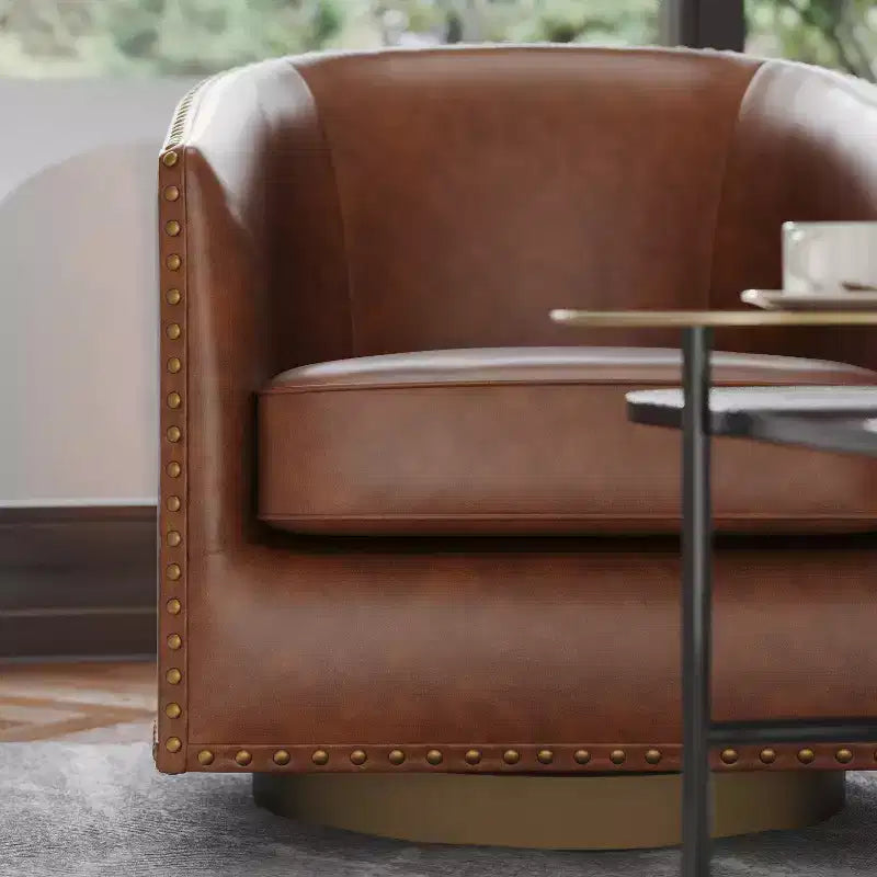 Flash Furniture Myles Club Style Commercial Barrel Accent Armchair with 360 Swivel Metal Base and Upholstery with Decorative Nail Head Trim
