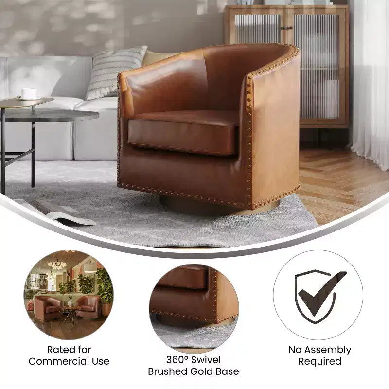 Flash Furniture Myles Club Style Commercial Barrel Accent Armchair with 360 Swivel Metal Base and Upholstery with Decorative Nail Head Trim