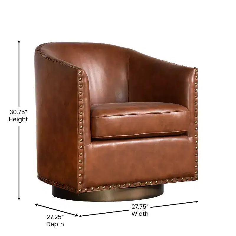 Flash Furniture Myles Club Style Commercial Barrel Accent Armchair with 360 Swivel Metal Base and Upholstery with Decorative Nail Head Trim