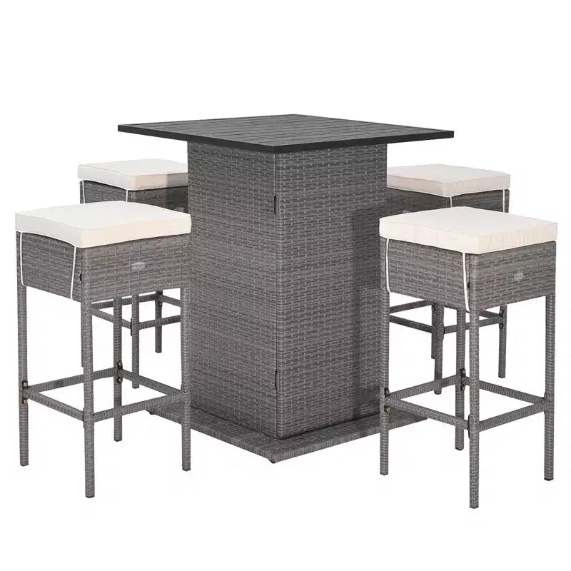 Ensemble table de bar et 4 tabourets d'extérieur en osier Costway avec étagères de rangement cachées