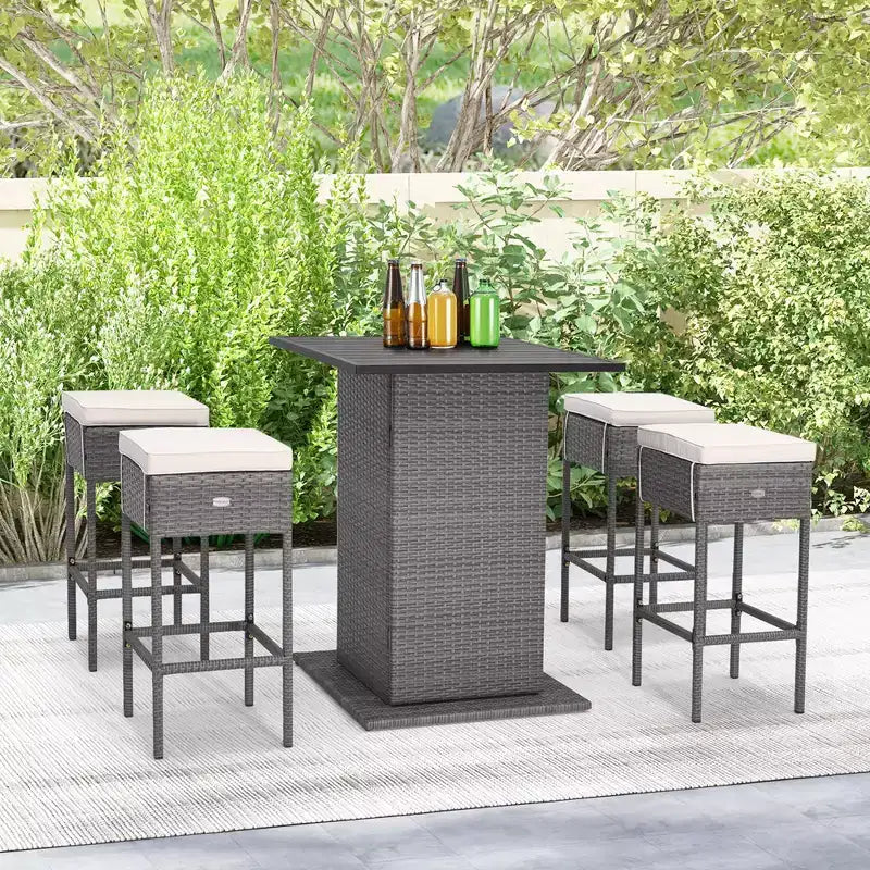 Ensemble table de bar et 4 tabourets d'extérieur en osier Costway avec étagères de rangement cachées