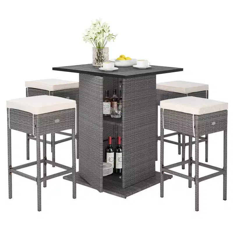 Ensemble table de bar et 4 tabourets d'extérieur en osier Costway avec étagères de rangement cachées