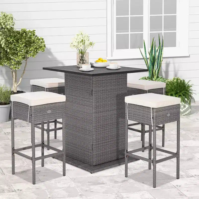 Ensemble table de bar et 4 tabourets d'extérieur en osier Costway avec étagères de rangement cachées