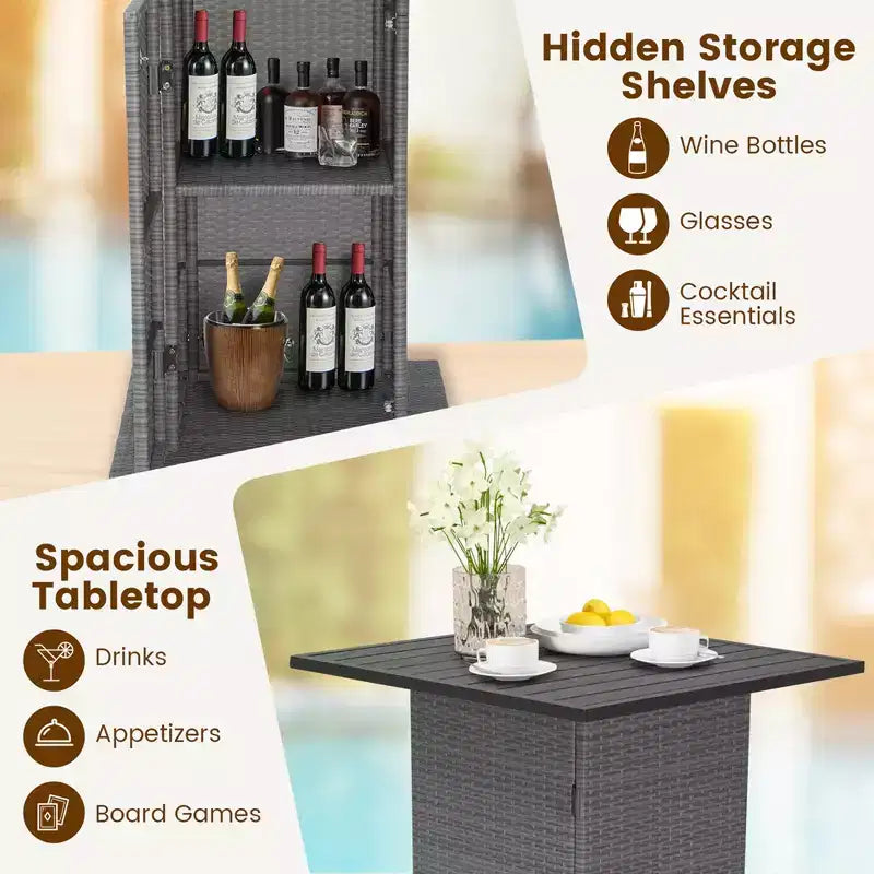 Ensemble table de bar et 4 tabourets d'extérieur en osier Costway avec étagères de rangement cachées