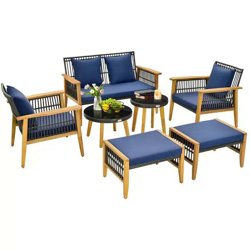 Ensemble de conversation 7 pièces Costway en rotin tressé avec 2 tables basses et 2 poufs