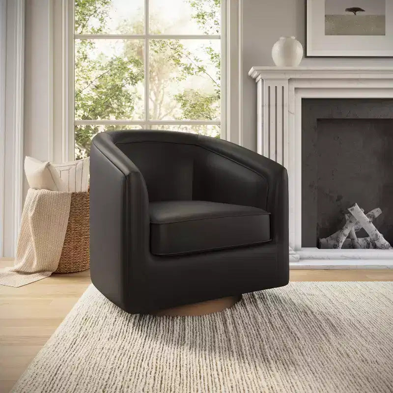 Emma and Oliver Club Style Barrel Accent Chair with 360 Degree Swivel Base and Sloped Armrests