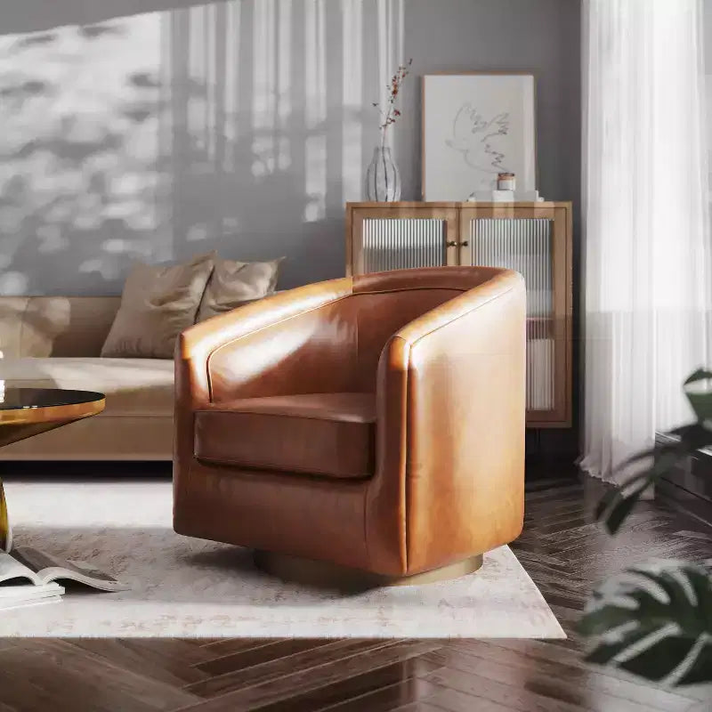 Emma and Oliver Club Style Barrel Accent Chair with 360 Degree Swivel Base and Sloped Armrests