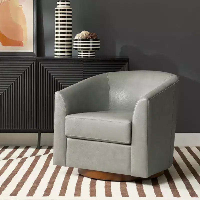 Molly Modern 360-degree Swivel Barrel Genuine Leather Chair with Solid Wood Base|ART OF LIVING DESIGNS