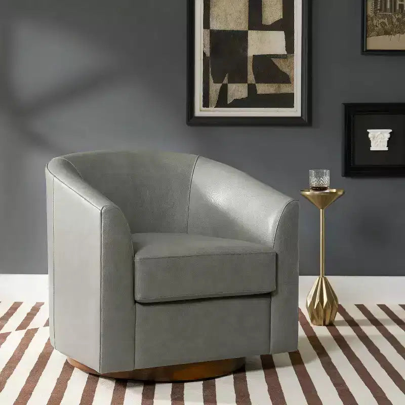 Molly Modern 360-degree Swivel Barrel Genuine Leather Chair with Solid Wood Base|ART OF LIVING DESIGNS