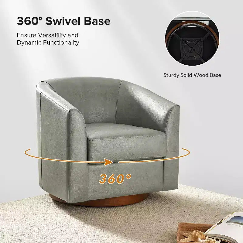 Molly Modern 360-degree Swivel Barrel Genuine Leather Chair with Solid Wood Base|ART OF LIVING DESIGNS