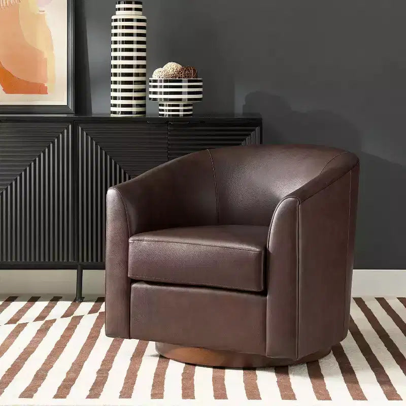 Molly Modern 360-degree Swivel Barrel Genuine Leather Chair with Solid Wood Base|ART OF LIVING DESIGNS