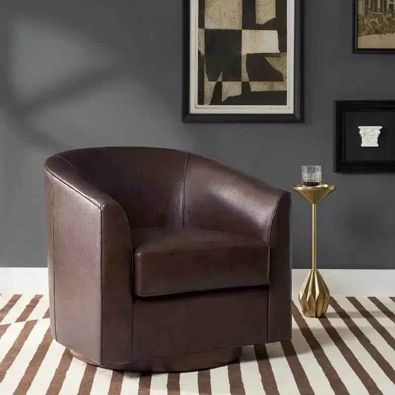 Molly Modern 360-degree Swivel Barrel Genuine Leather Chair with Solid Wood Base|ART OF LIVING DESIGNS