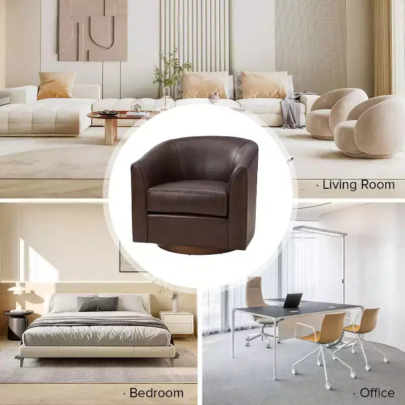 Molly Modern 360-degree Swivel Barrel Genuine Leather Chair with Solid Wood Base|ART OF LIVING DESIGNS