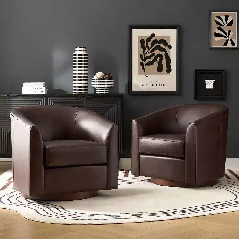 Set of 2 Molly Modern 360-degree Swivel Barrel Genuine Leather Chair with Solid Wood Base|ART OF LIVING DESIGNS